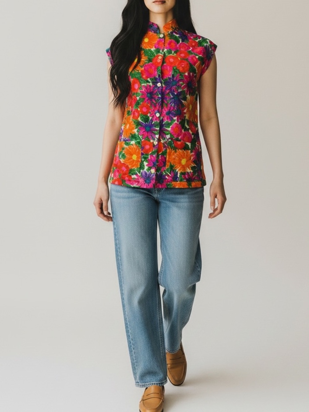 Vintage 60’s Jantzen Floral Sleeveless Blouse with Mandarin Collar | Size M